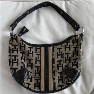 Tommy Hilfiger Black & Beige Logo Canvas Shoulder Hobo